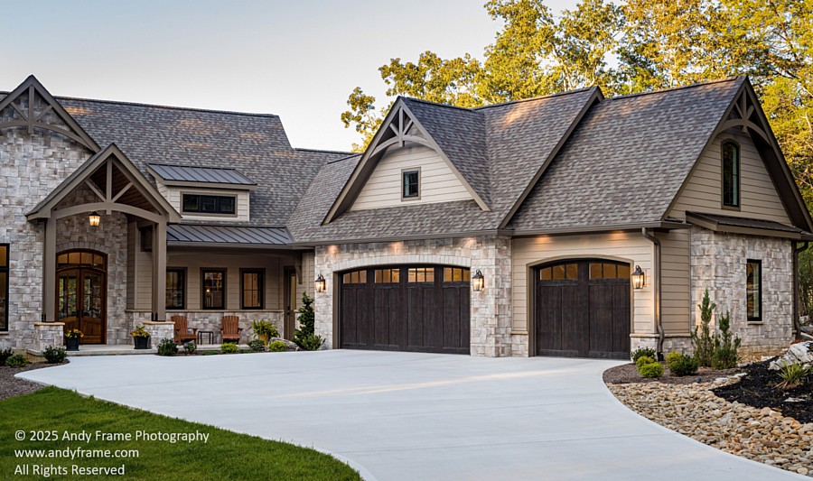 A Rustic Home with Dark Wood-Look Carriage House Garage Doors