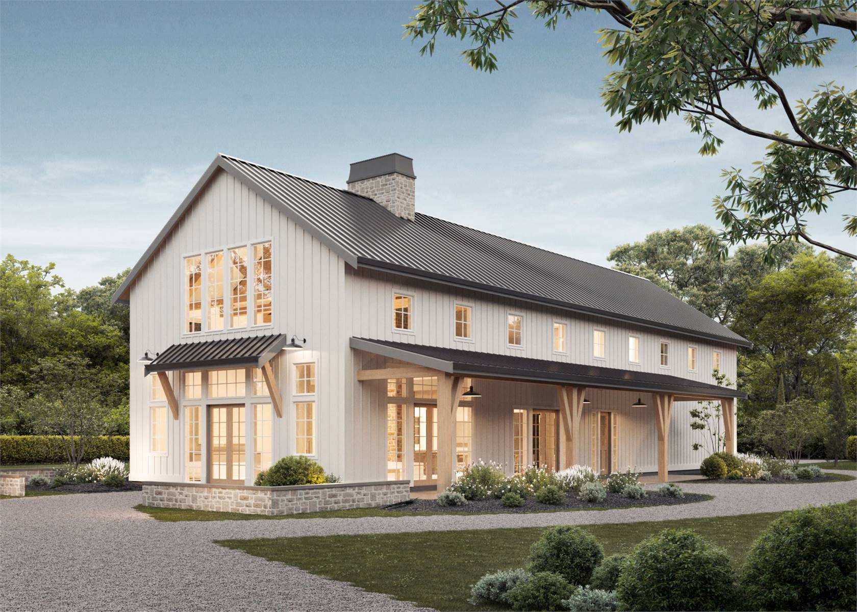 Modern 2-story barndominium with board and batten siding, black metal roof, and covered porch